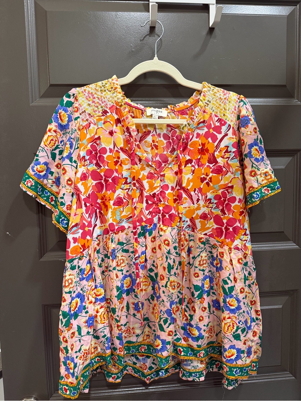 Boutique Floral Peasant Tunic - Pink, Orange, Blue & Green